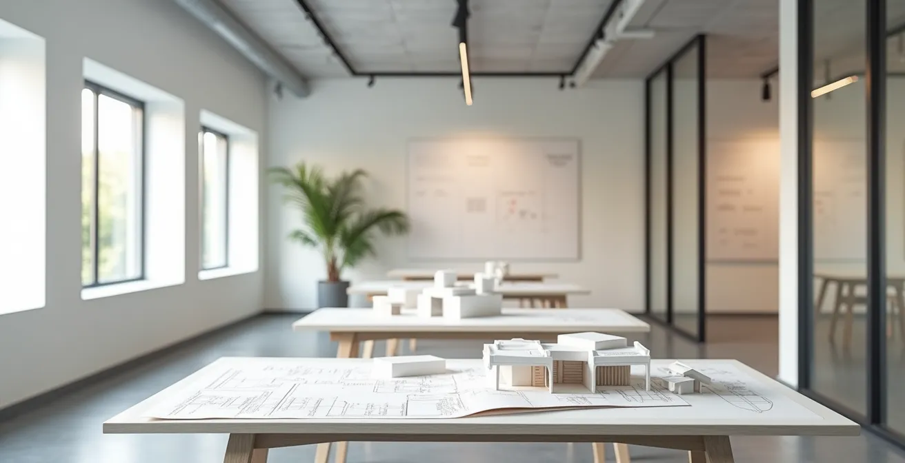 Vue large minimaliste d'un bureau d'étude géotechnique avec plans et maquettes en arrière-plan