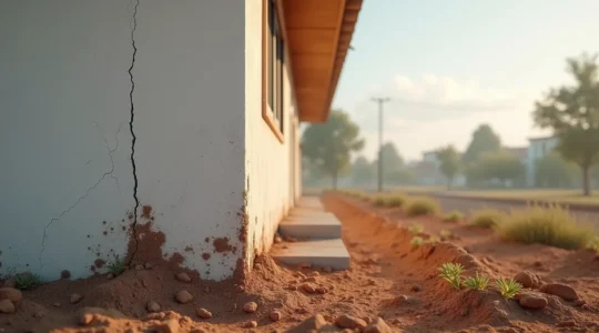 Photo réaliste d'une maison avec fissures visibles et terrain environnant, éclairage cinématographique