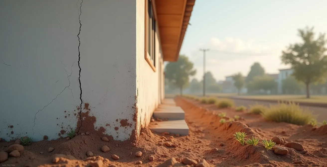 Photo réaliste d'une maison avec fissures visibles et terrain environnant, éclairage cinématographique