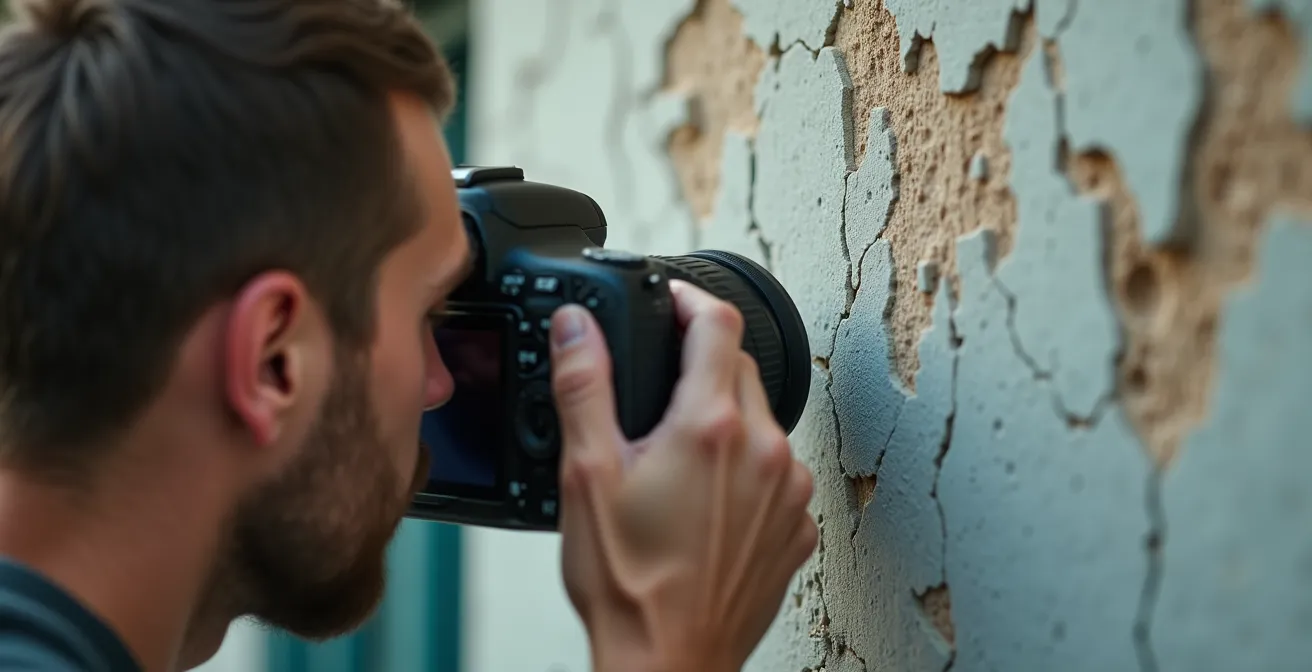 Close-up sur une main tenant un appareil photo, capturant des fissures visibles sur un mur extérieur
